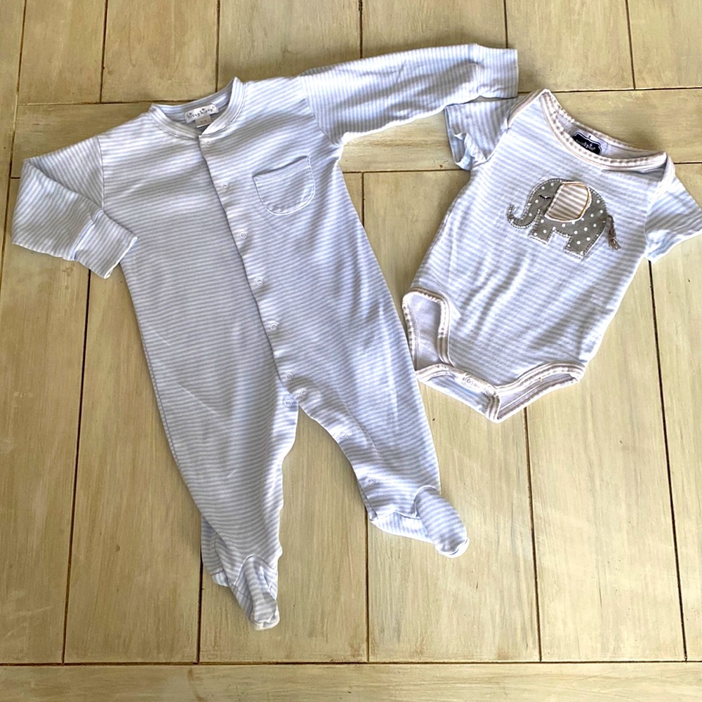 Kissy Kissy Mud Pie Lot of 2 Baby Boy Striped Footed Sleeper & Elephant Bodysuit